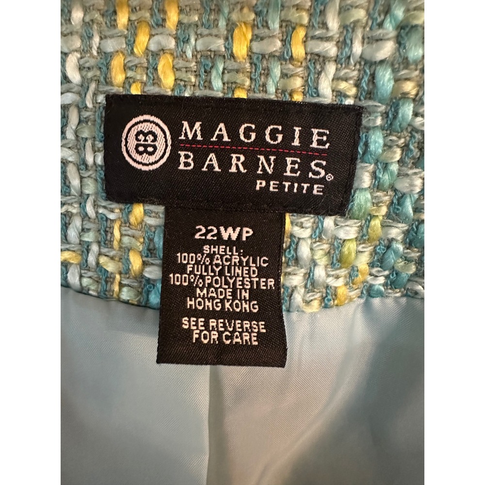Maggie Barnes Petite‎ 22WP Tweed Open Front Jacket Turquoise Yellow Mermaidcote - Picture 4 of 12